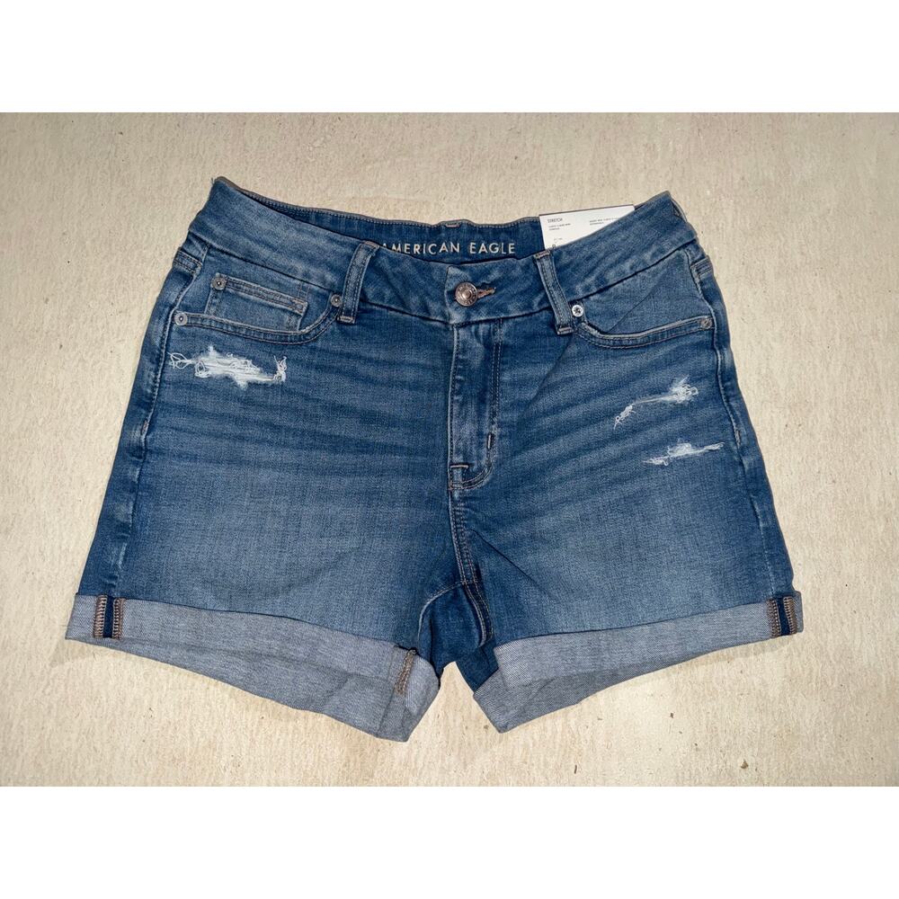 American Eagle women’s new stretch curvy v-rise midi blue jeans shorts - Picture 14 of 16